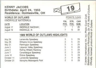 Kenny Jacobs - 1989 World of Outlaws - #19 - Racing - Racing Card Single