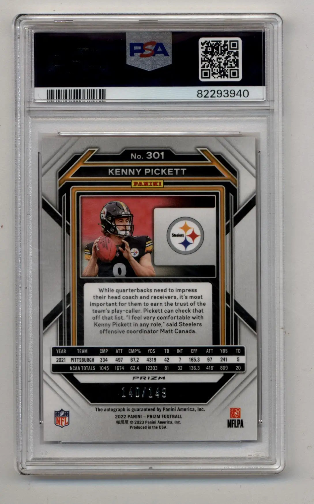 Kenny Pickett 2022 Prizm Red Wave Auto140/149 PSA 10 Gem Mint Auto 10 - Football Card Single