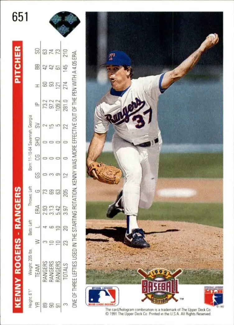 Kenny Rogers 1992 Upper Deck MLB #651 Baseball Card Texas Rangers