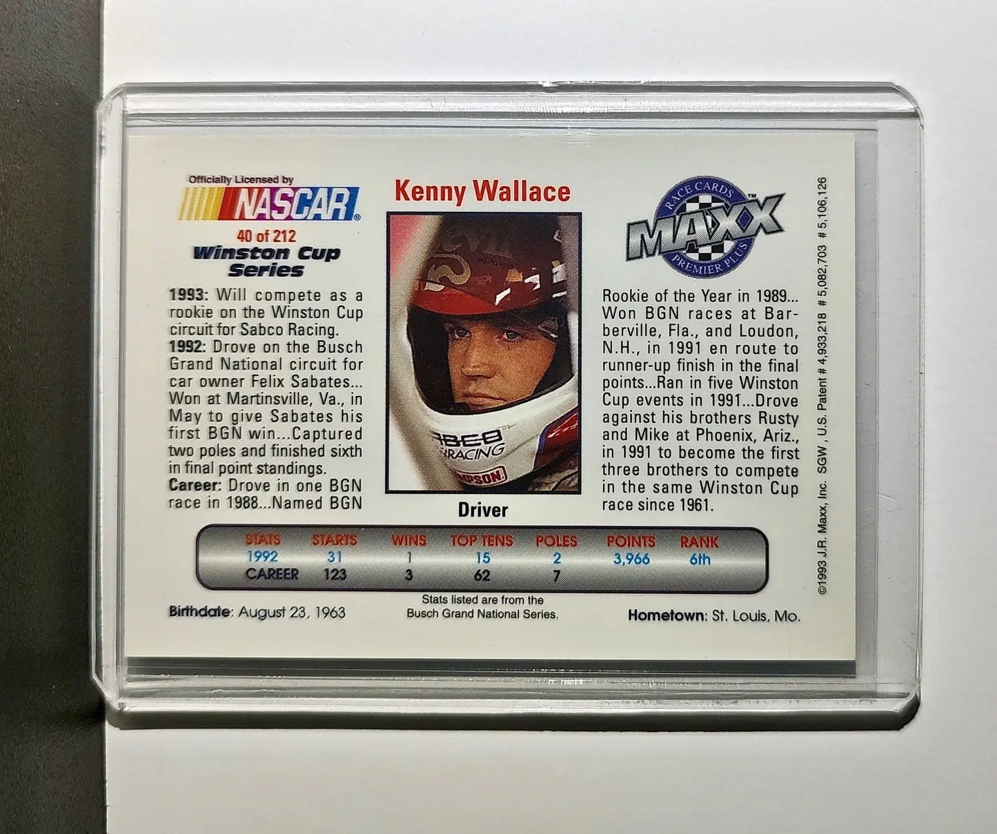 Kenny Wallace 1993 Maxx Premier Plus Racing #40 NASCAR Card SABCO Racing