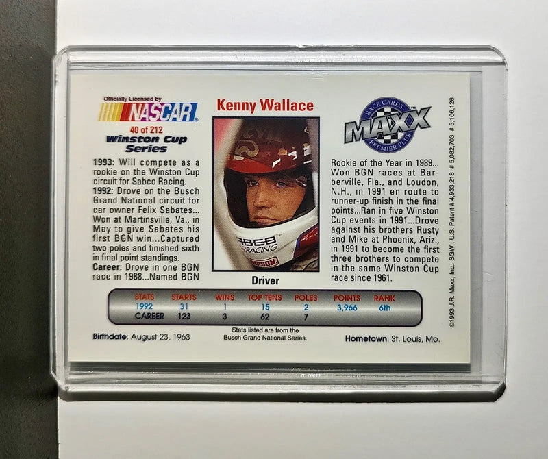 Kenny Wallace 1993 Maxx Premier Plus Racing #40 NASCAR Card SABCO Racing