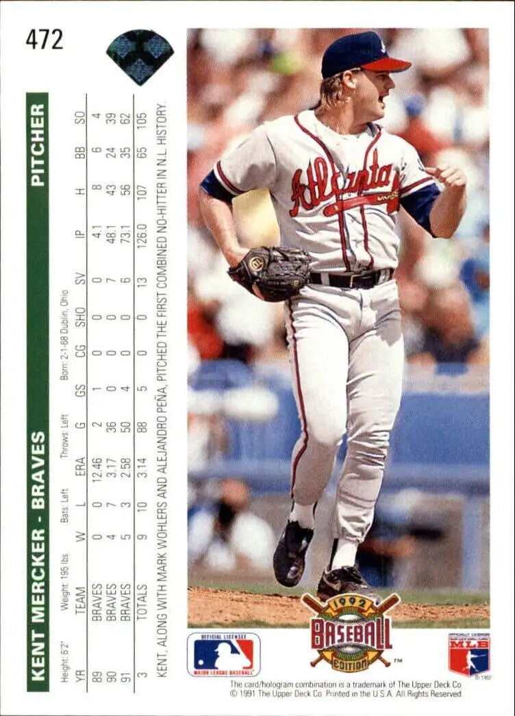 Kent Mercker 1992 Upper Deck MLB #472 Baseball Card Atlanta Braves