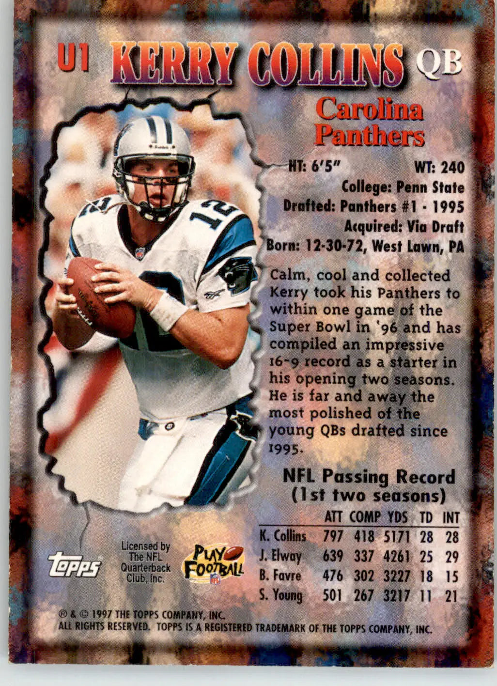 Kerry Collins - 1997 Topps - #U1 - Underclassmen Football - Football Card Single
