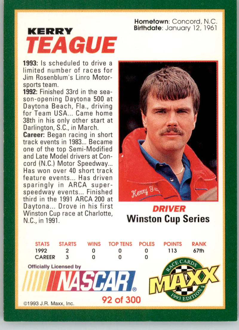 Kerry Teague - 1993 Maxx - #92 - Racing - Racing Card Single