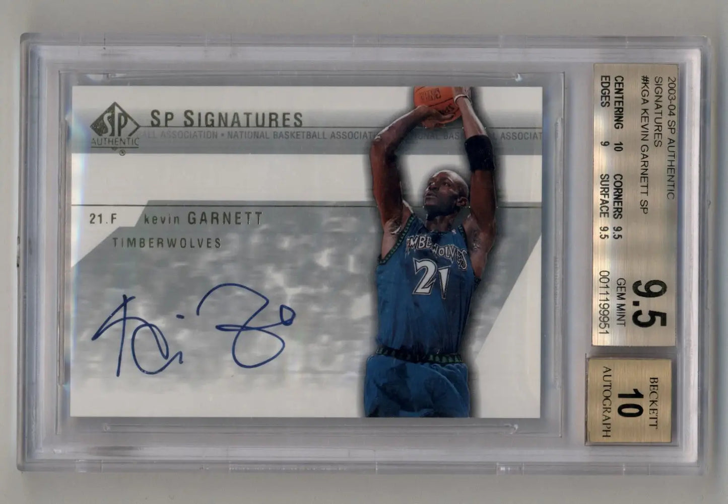 Graded Kevin Garnett autographed basketball card with authentic signatures Kevin Garnett SP BGS 9.5