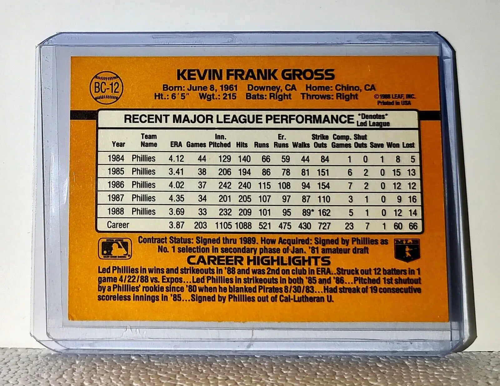 Kevin Gross 1989 Donruss #BC-12 MLB Baseball Card Phillies - Baseball Card Single
