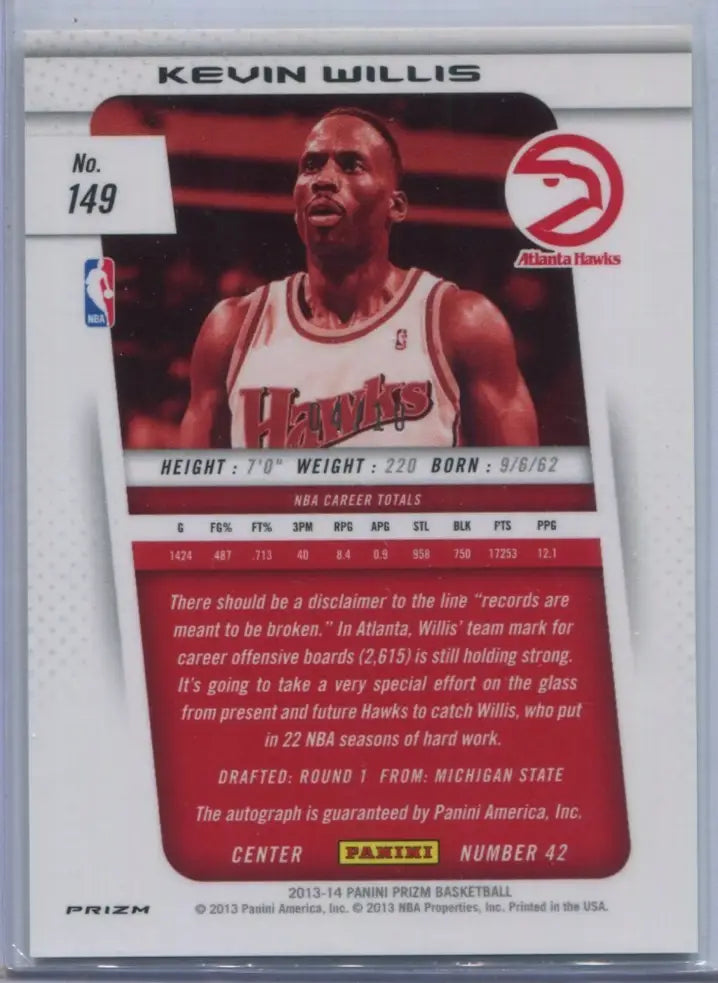Kevin Willis 2013-14 Panini #149 Gold Prizm #4/10 Auto Atlanta Hawks SP