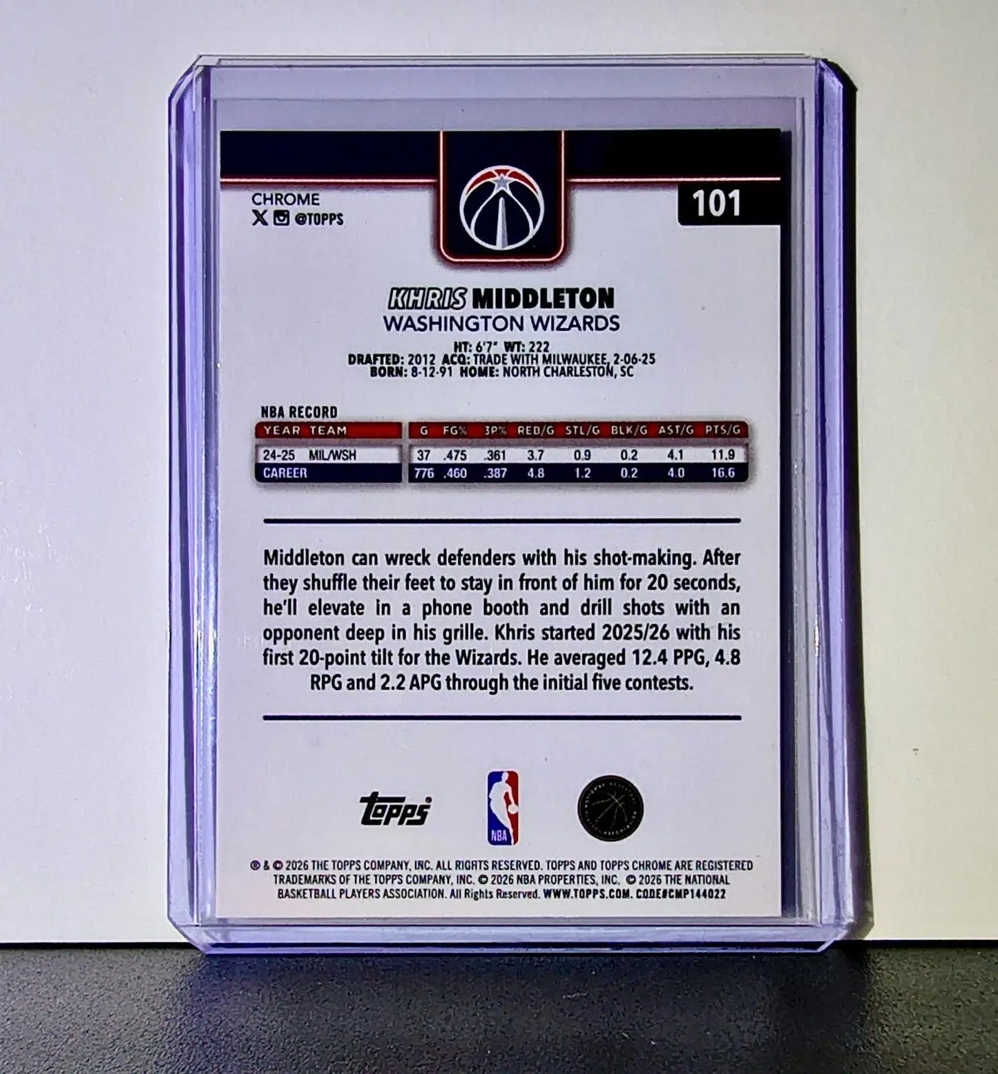 Khris Middleton 2025-26 NBA Topps Chrome Update #101 Card Washington Wizards - Basketball Card Single