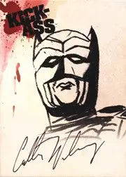 Stylized black and white masked superhero portrait on Kick Ass Autograph Card by Colton Worley