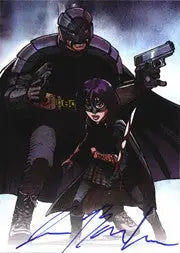Costumed superhero duo in dark outfits featured on John Barber autograph card