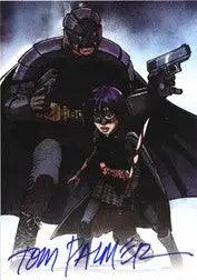 Costumed superhero figures like Batman and Robin on Kick Ass Autograph Card by Tom Palmer