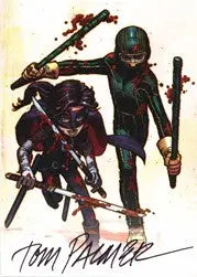Stylized illustration of armed figures on Kick Ass Autograph Card by Tom Palmer trading cards