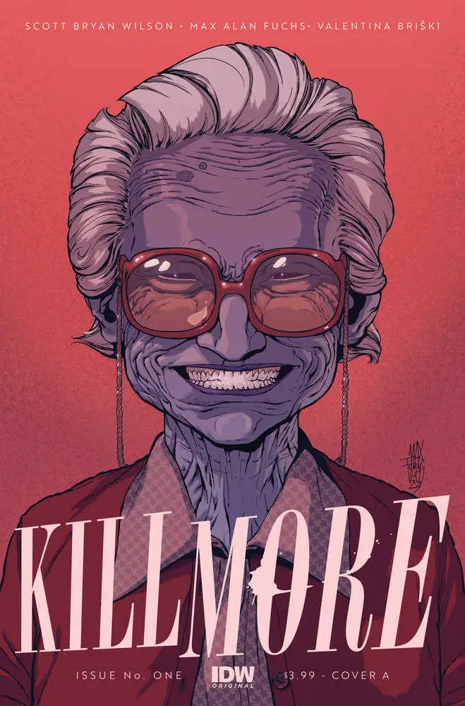 Comic book cover of Kill More #1 featuring a purple figure with tinted glasses, grinning