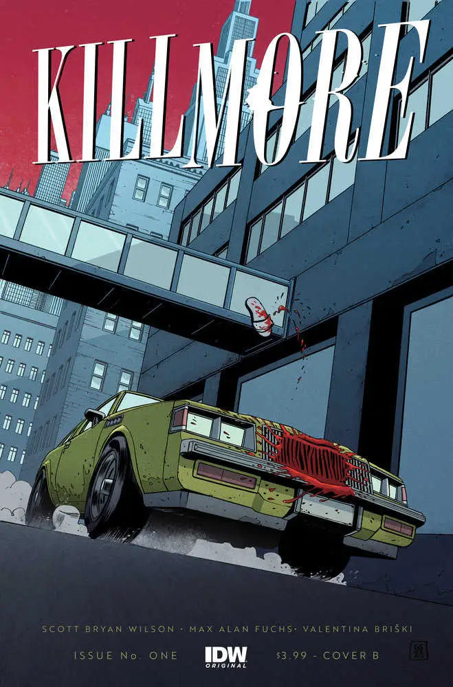 Comic book cover of Kill More #1 Variant B featuring a green car on a city bridge