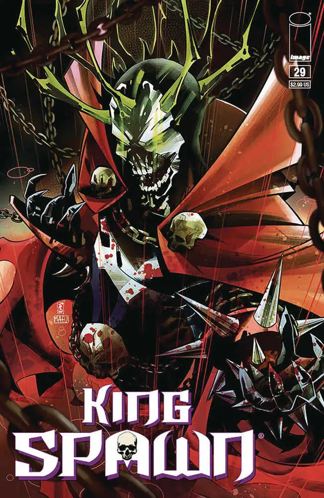 Demonic character in spiked crown and red cape on King Spawn #29 comic book cover