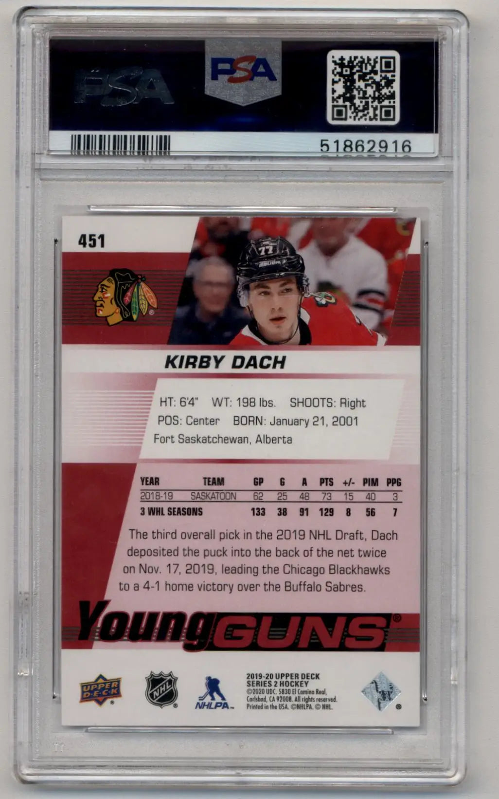 Kirby Dach 2019-20 Upper Deck Exclusives 053/100 #451 PSA 10 Gem Mint - Hockey Card Single