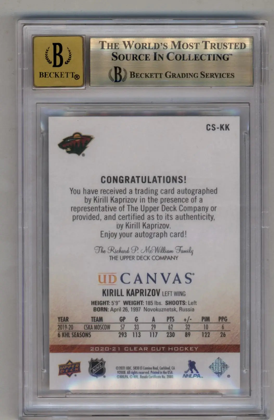 Kirill Kapizov 2020-21 Upper Deck Clear Cut Red Ink Auto BGS 9.5 Gem Mint - Hockey Card Single