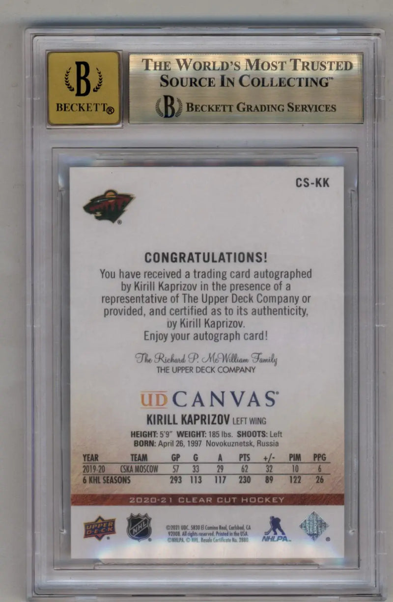 Kirill Kapizov 2020-21 Upper Deck Clear Cut Red Ink Auto BGS 9.5 Gem Mint - Hockey Card Single