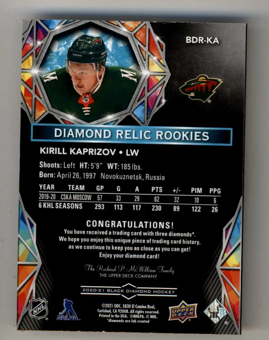 Kirill Kaprizov 2020-21 Black Diamond Triple Relic 5/9 - Hockey Card Single