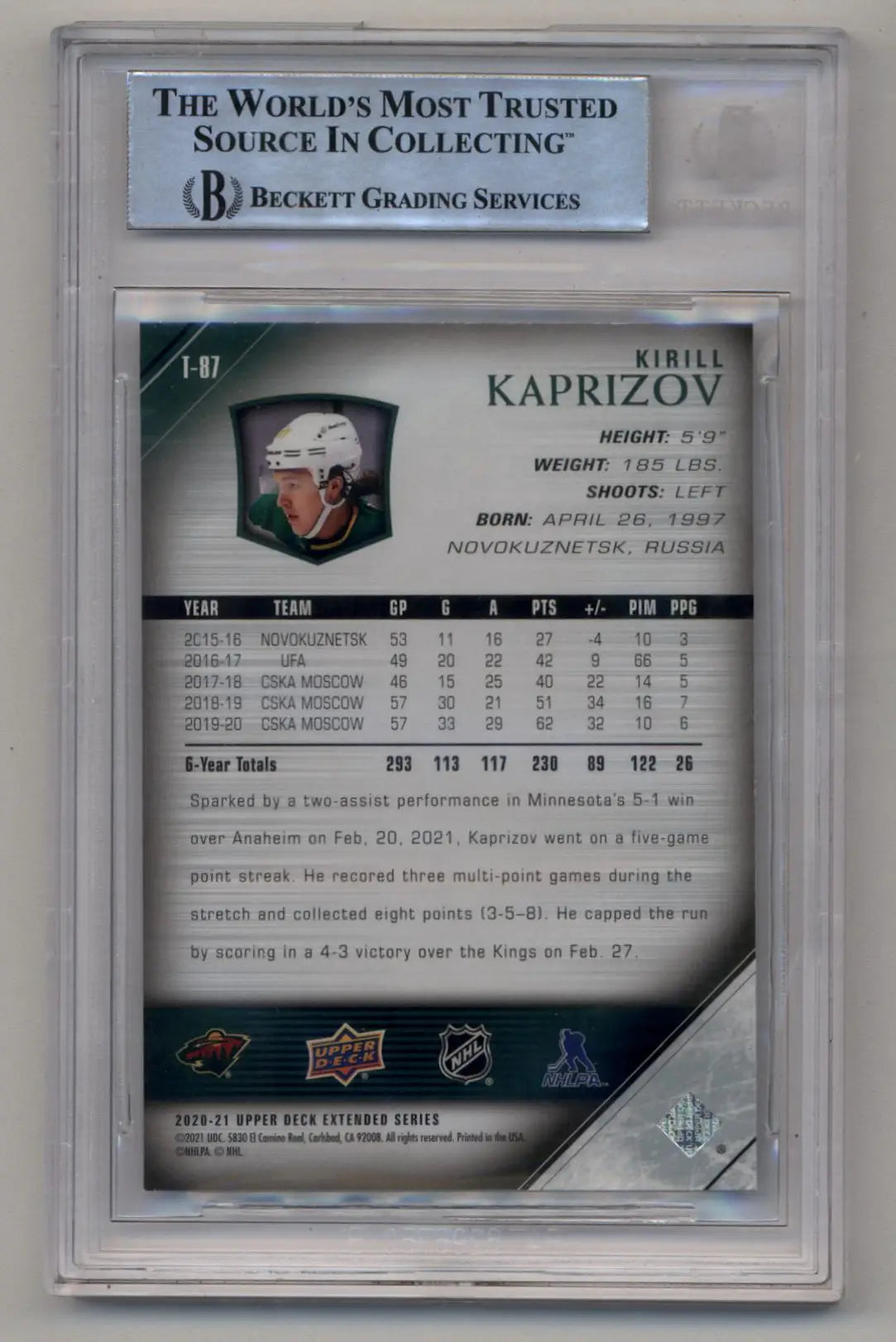 Kirill Kaprizov 2020-21 Upper Deck Tribute Young Gun 9239 - Hockey Card Single