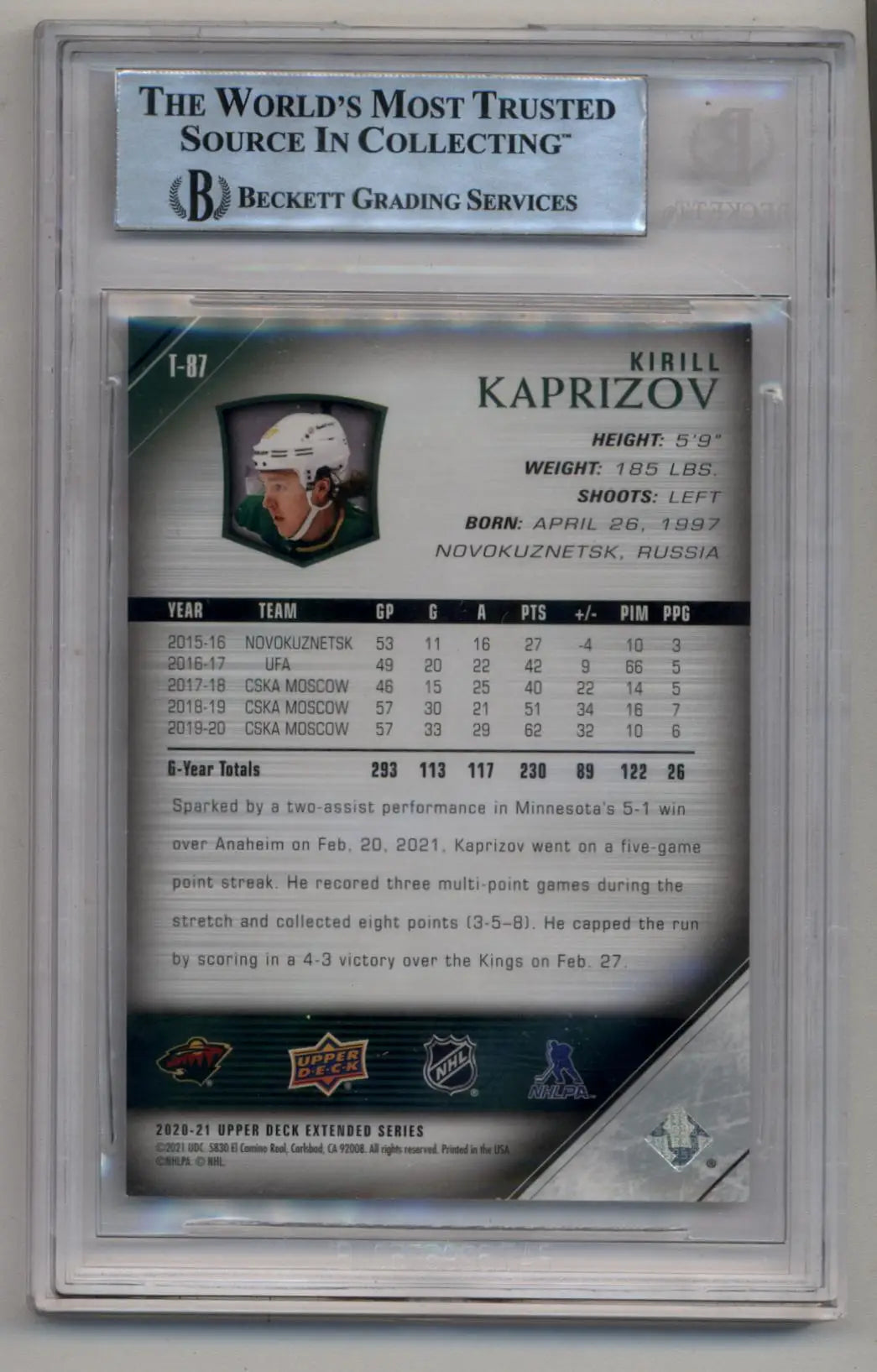 Kirill Kaprizov 2020-21 Upper Deck Tribute Young Gun 9253 - Hockey Card Single