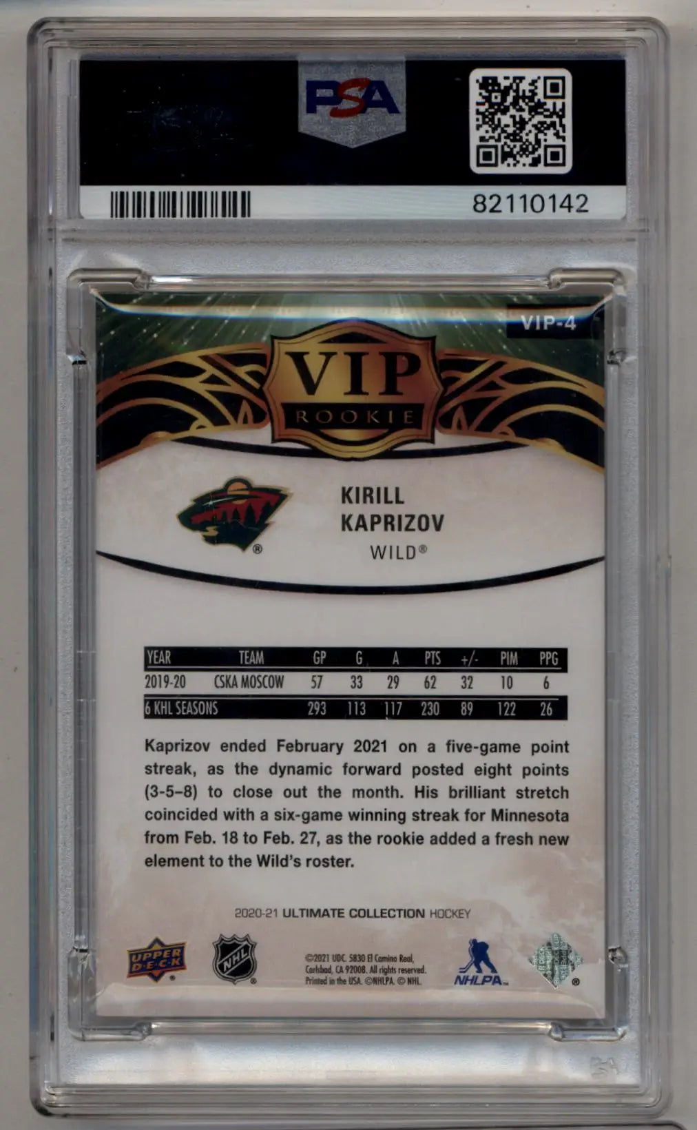 Kirill Kaprizov 2020-21 Upper Deck Ultimate Collection VIP Rookies PSA 10 Gem Mint 0142 - Hockey Card Single