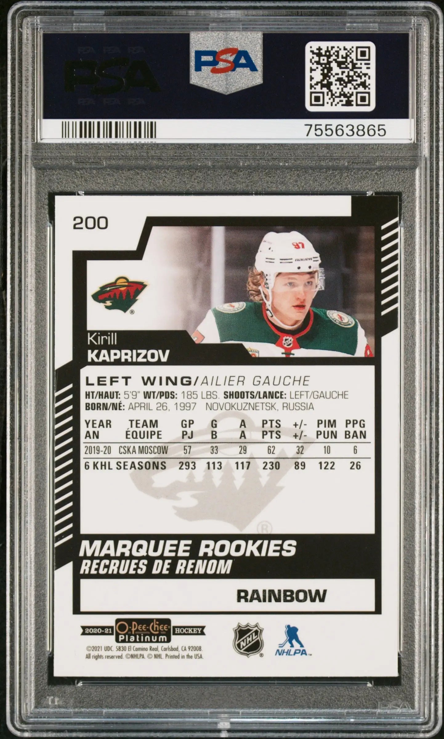 Kirill Kaprizov 2020 OPC Platinum #200 Rainbow PSA 10 Gem Mint - Hockey Card Single