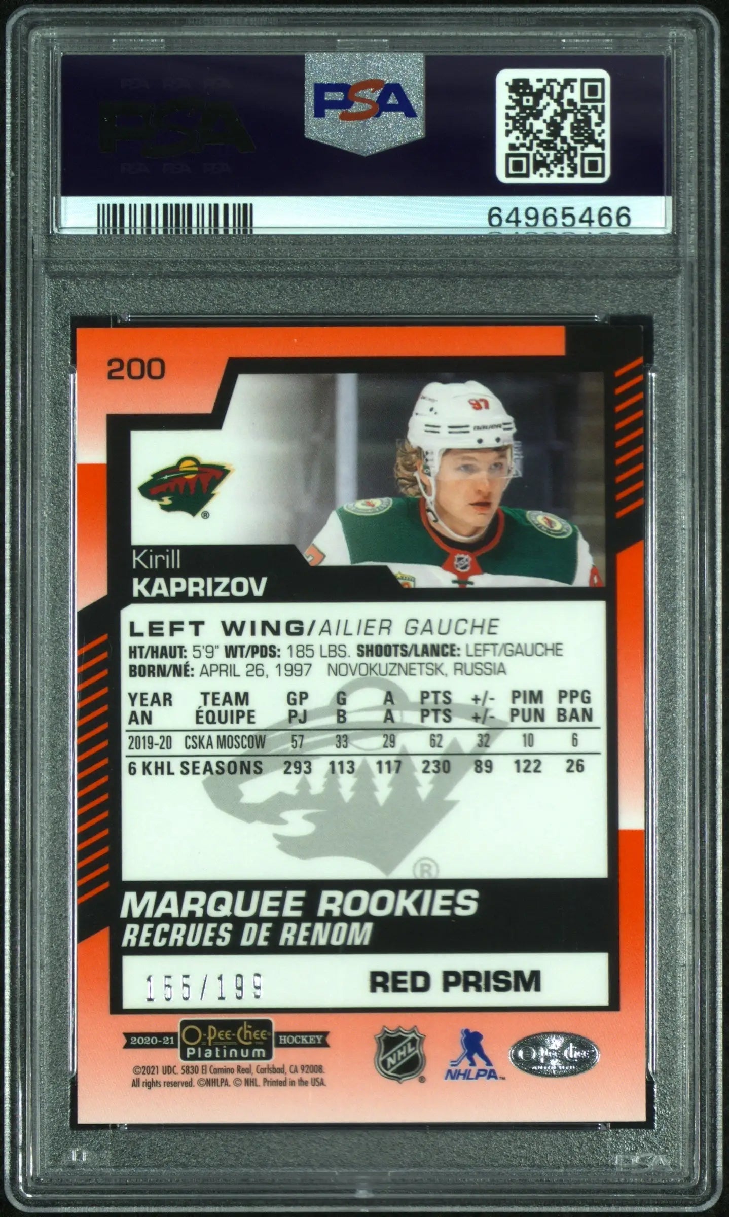 Kirill Kaprizov 2020 OPC Platinum #200 Red Prism PSA 9 Mint - Hockey Card Single
