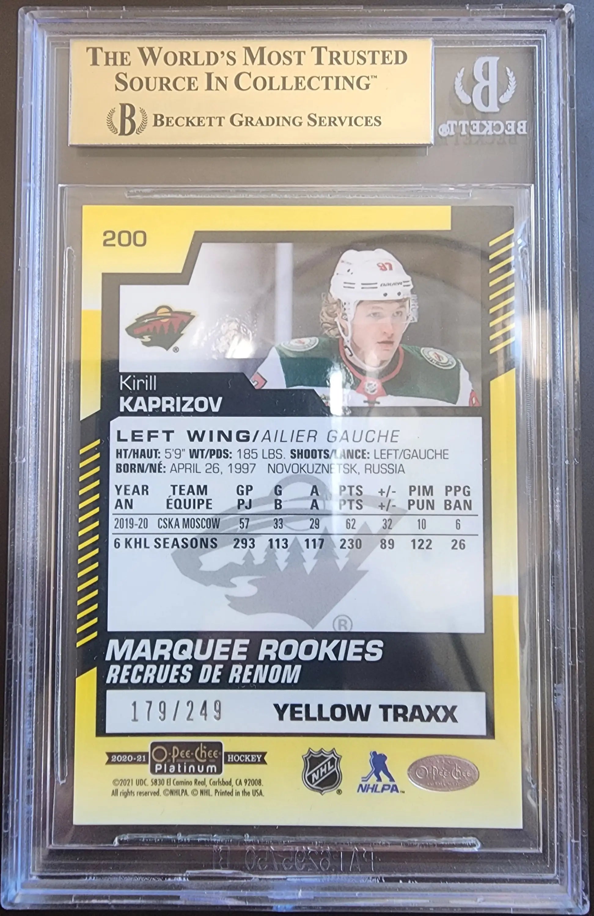 Kirill Kaprizov 2020 OPC Platinum Yellow Traxx #179/249 BGS 9.5 Gem Mint - Hockey Card Single