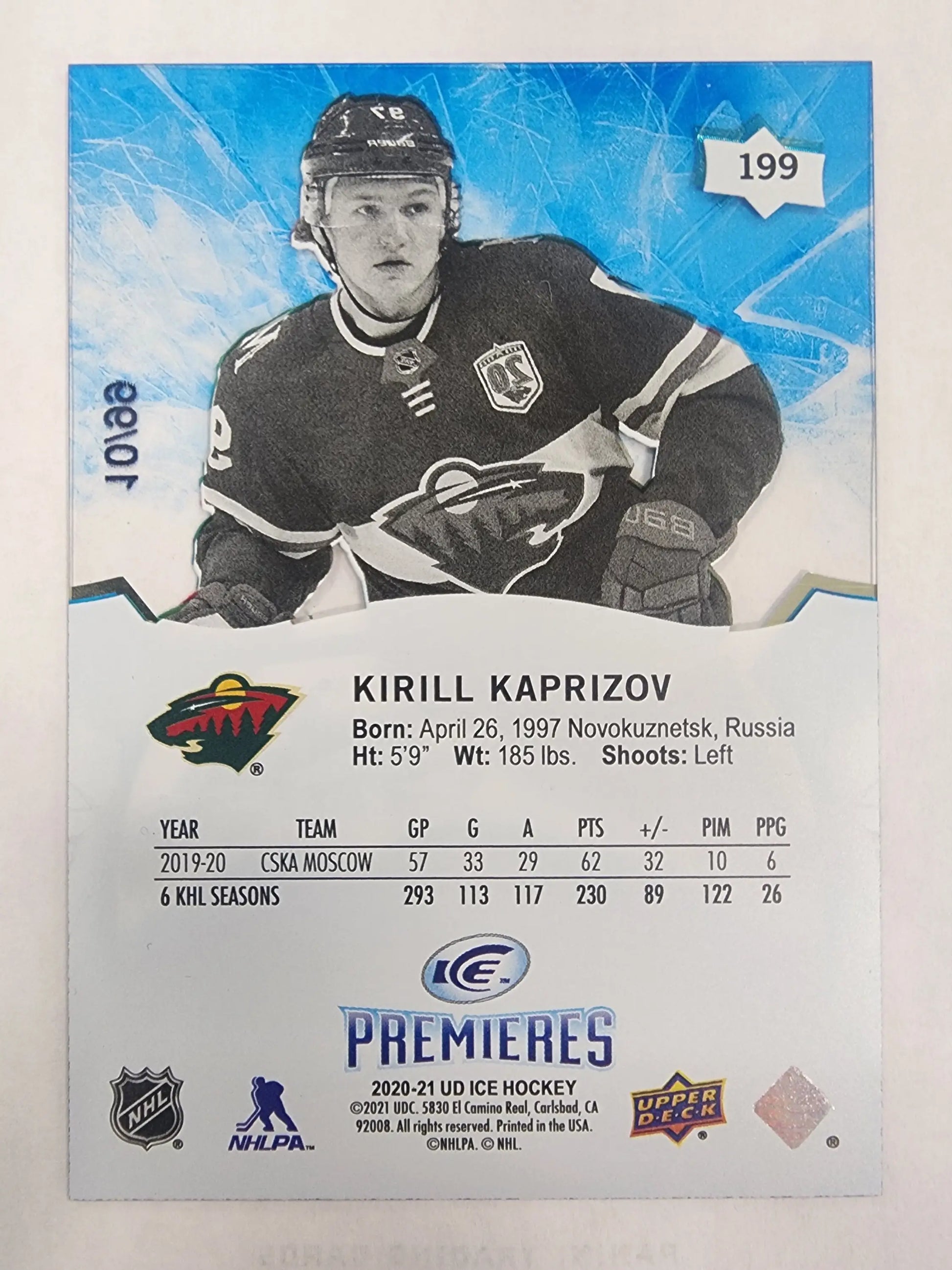 Kirill Kaprizov 2020 Upper Deck Ice Premieres RC #10/99 - Hockey Card Single