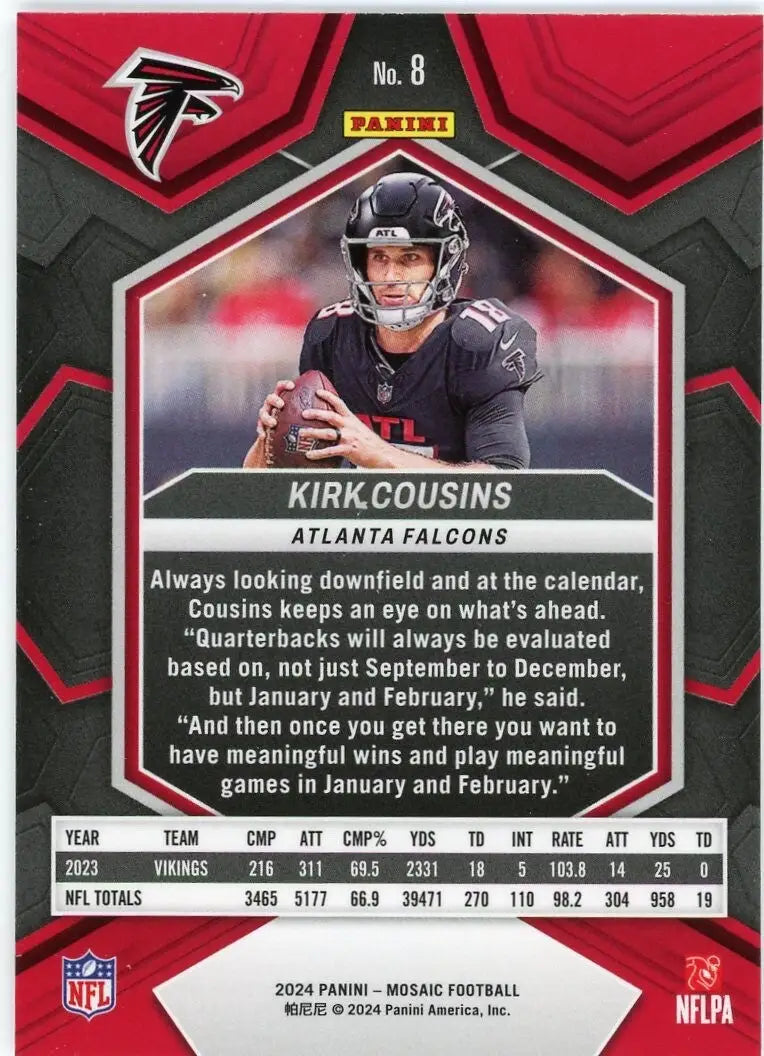 Kirk Cousins 2024 Panini Mosaic #8 Atlanta Falcons Football Card NFL Sports - Football Card Single