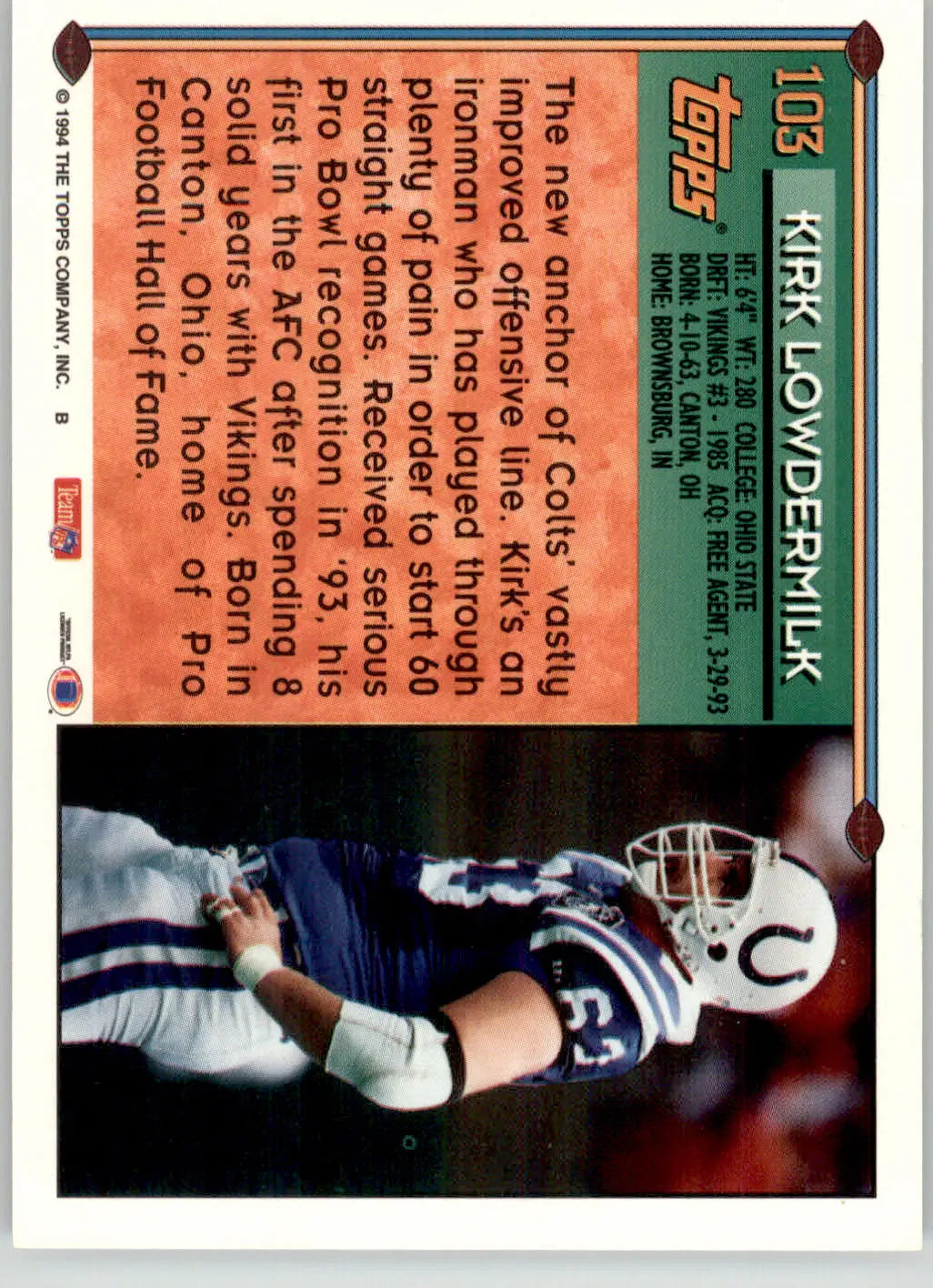 Kirk Lowdermilk - 1994 Topps - #103 - Special Effects Football - Football Card Single
