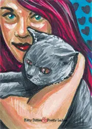 Colorful portrait of a person with a gray cat on Ashleigh Popplewell sketch card