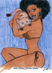 Cartoon nude woman with white cat on Kathleen Lawday sketch card for trading cards