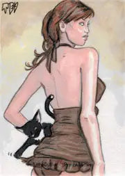 Woman in brown dress from behind on Ted Dastick sketch card featuring trading cards