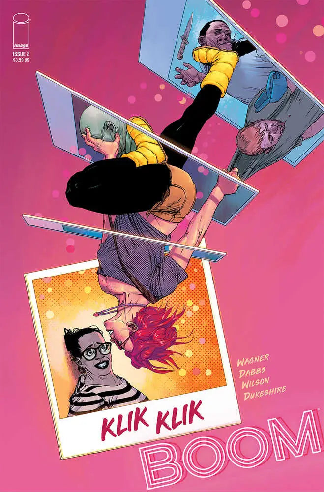 Comic book cover art for Klik Klik Boom #2 featuring dynamic poses in a pink scheme