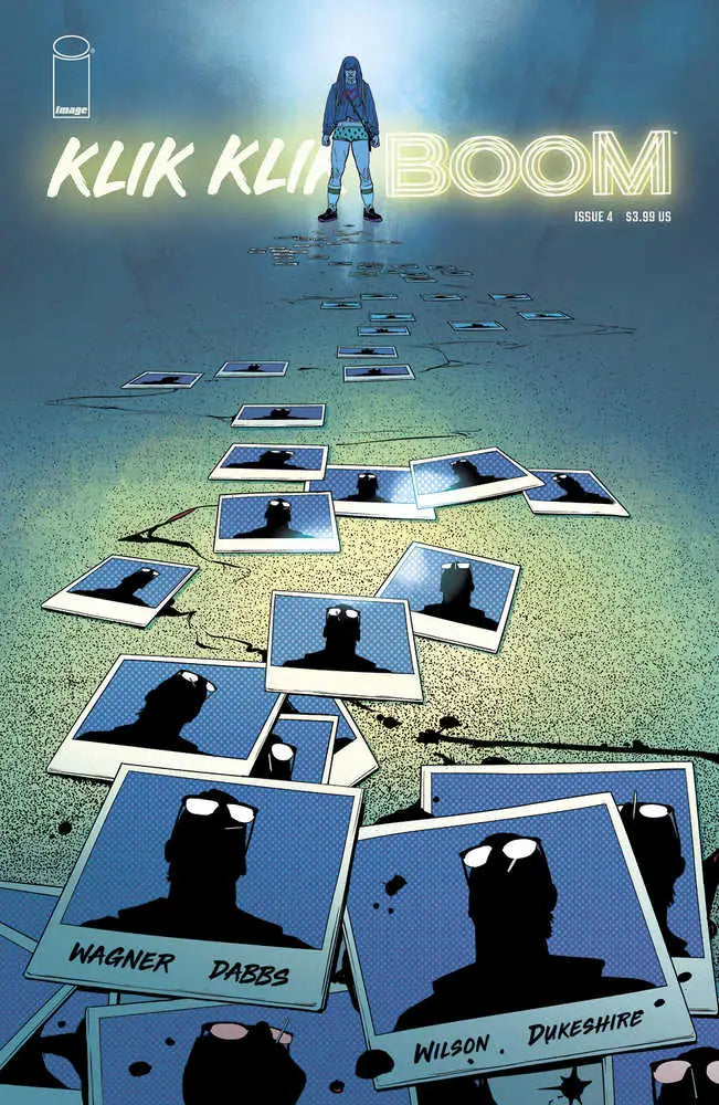 Comic book cover Klik Klik Boom with silhouetted figure and scattered trading cards