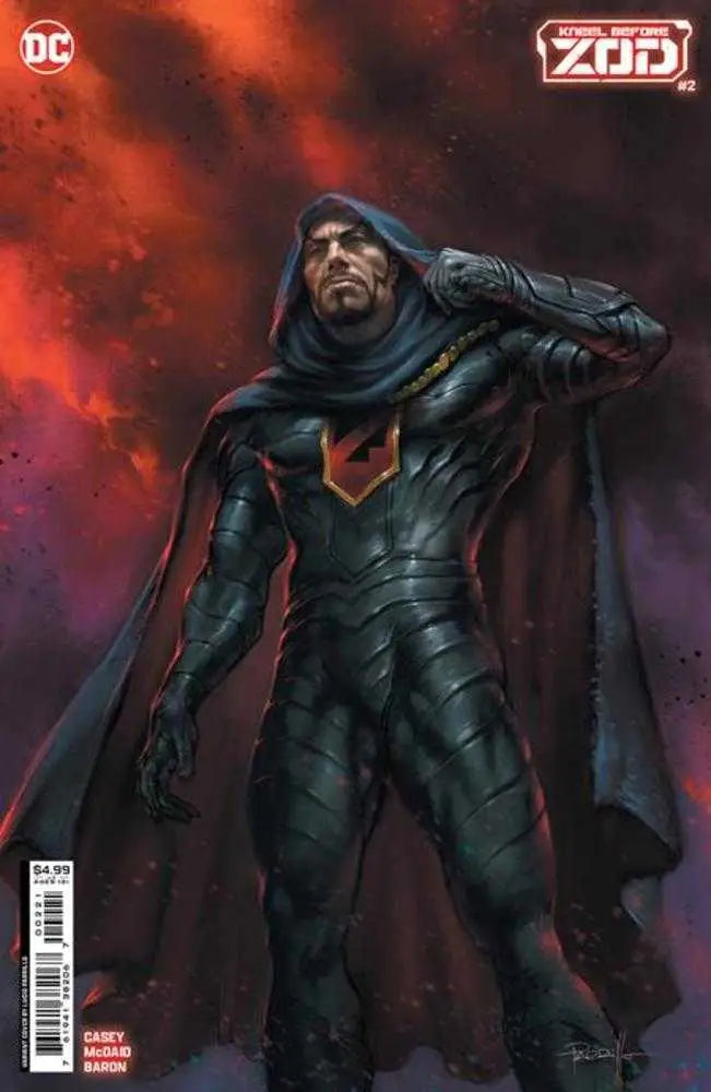 Caped figure in dark armor on Kneel Before Zod #2 trading card variant cover