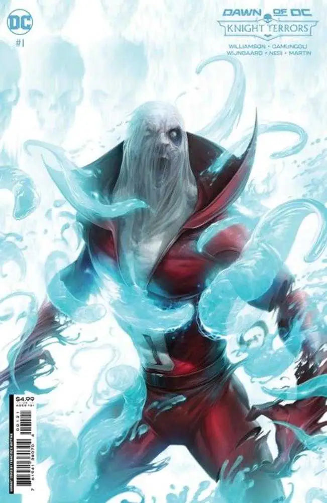 Ghostly figure in red armor with blue energy for Knight Terrors trading cards cover