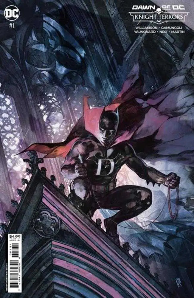 Batman crouches on a Gothic rooftop, featured in Knight Terrors #1 trading card variant