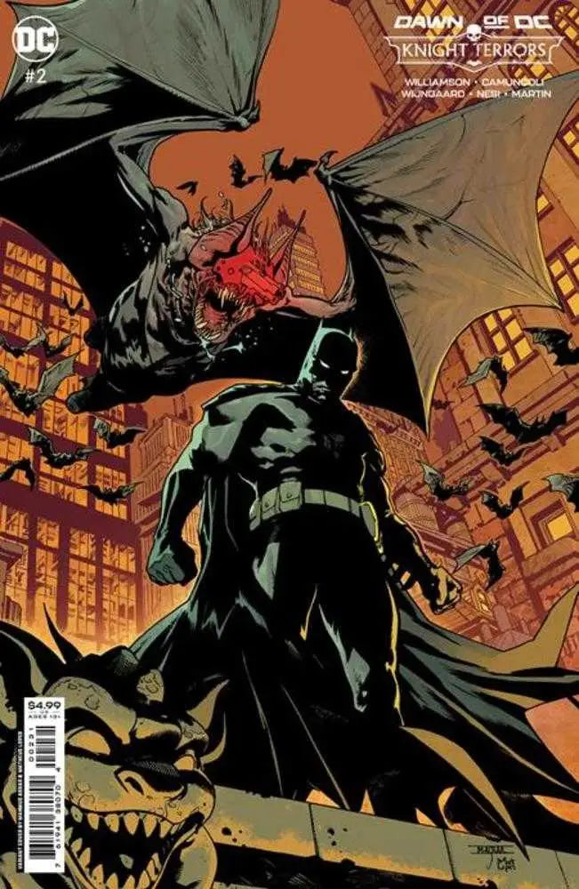 Batman stands dramatically with cape billowing as a red creature flies overhead in Knight Terrors #2 trading card
