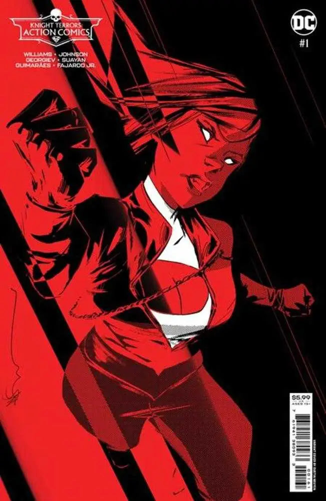Stylized comic book cover art featuring dynamic action in red and black for Knight Terrors Action Comics #1