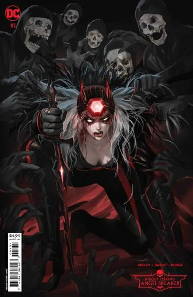 Dark comic book cover art of Angel Breaker with glowing red eyes and shadowy skull figures