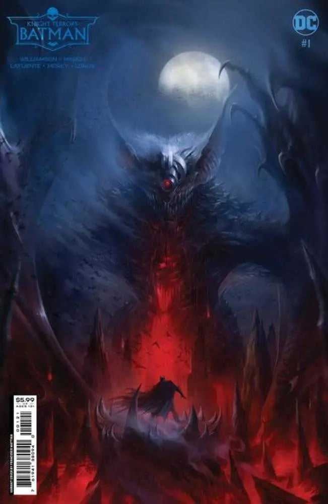 Dark demonic figure in flames under full moon in Knight Terrors Batman trading card art