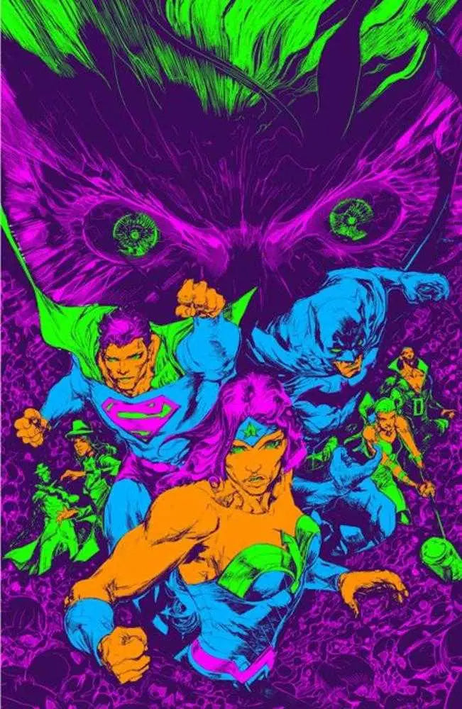 Vibrant neon comic book cover art by Howard Porter for Knight Terrors trading cards