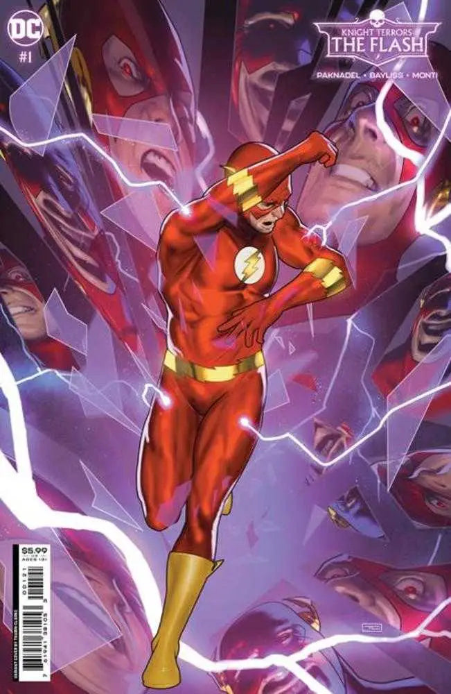 The Flash in red and yellow costume with lightning, perfect for trading cards collectors