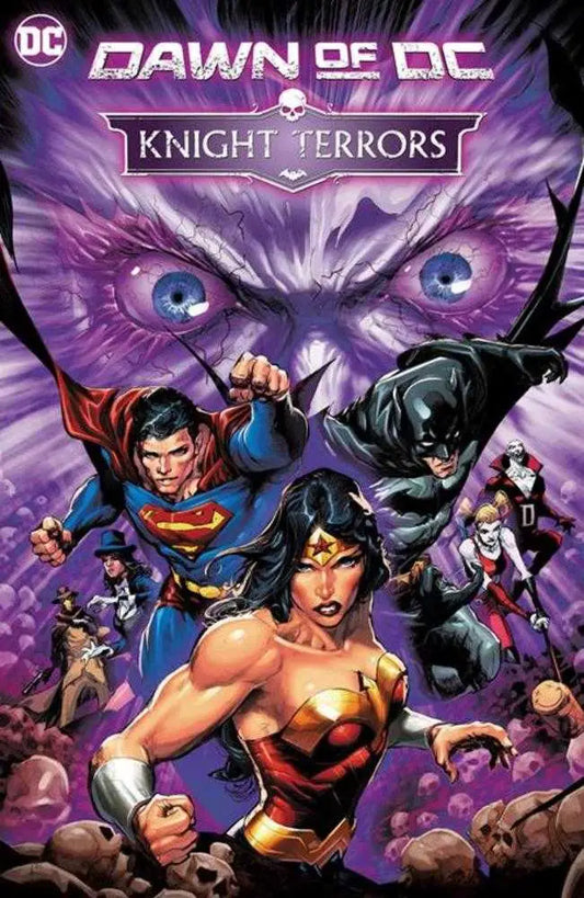 Knight Terrors comic book cover featuring Superman Batman Wonder Woman against purple monstrous face