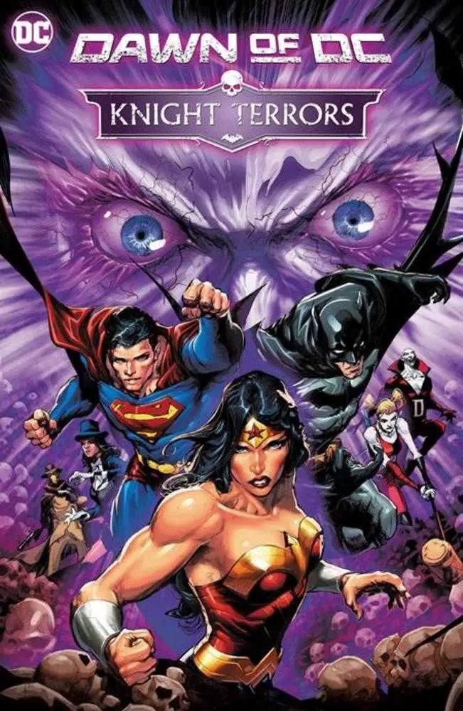 Knight Terrors comic book cover featuring Superman Batman Wonder Woman against purple monstrous face