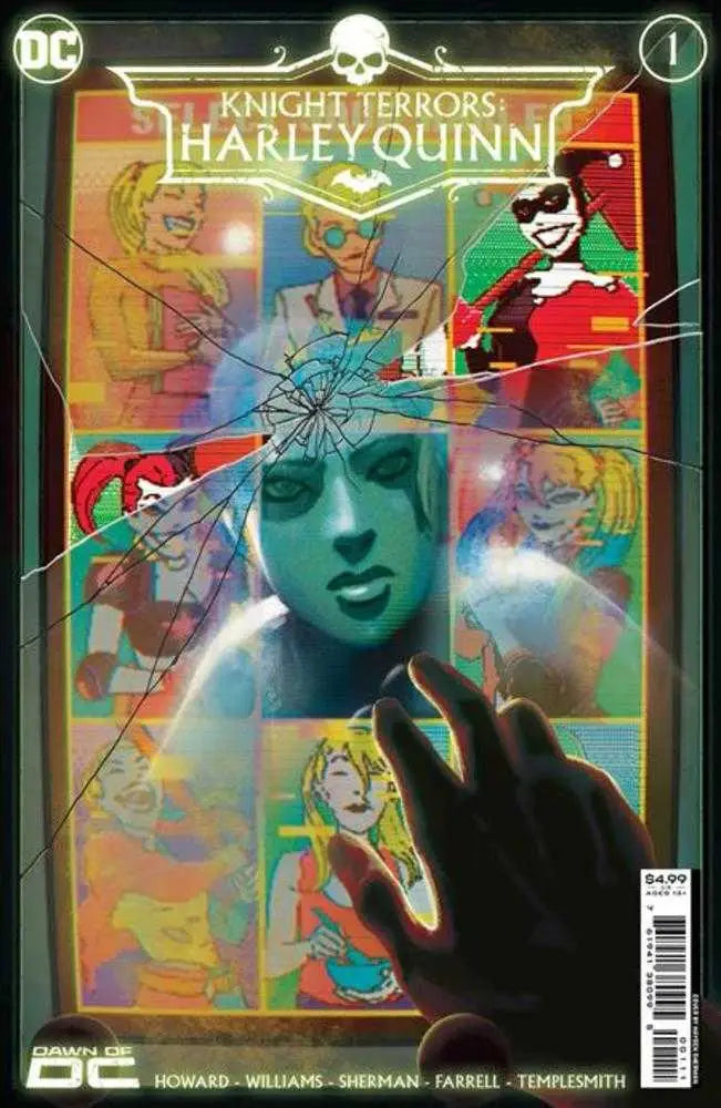 Comic book cover of Knight Terrors Harley Quinn #1 features a turquoise face and shattered glass