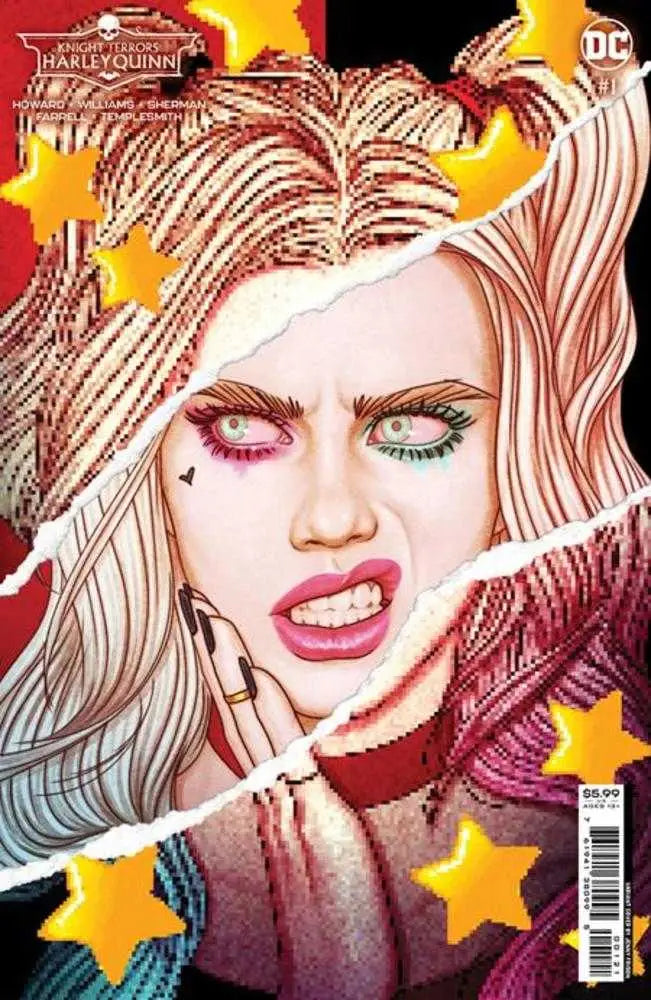 Comic book cover of Knight Terrors Harley Quinn with heterochromatic eyes and blonde hair